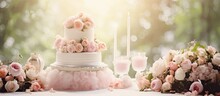 The Summer Wedding Had A Luxurious Background Design With A Table Adorned With Beautiful Roses A White Chocolate Cake And Delicious Food Served At A Fancy Restaurant Creating An Atmosphere O