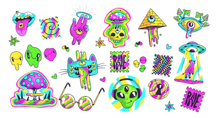 Wall Mural - Acid psychedelic stickers. Trippy trendy sticker in crazy cartoon style 80s 60s, surreal abstract bright patch weird groovy design, funny neon colors art classy vector illustration