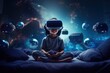 A girl wearing virtual reality goggles sits in a child's room engrossed in virtual reality. The concept of gadget addiction and overuse of social media and mobile devices.