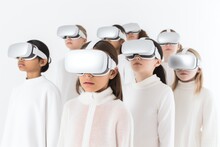 Group Children Mixed Race Wearing Virtual Reality Goggles, Passionately Immersed In Virtual Reality. The Concept Of Gadget Addiction And Overuse Of Social Media And Mobile Devices.