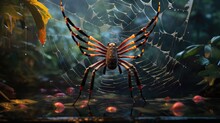  A Close Up Of A Spider On Its Web In The Middle Of A Forest With Leaves And Flowers In The Background.  Generative Ai