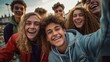 Cheerful teenage friends from different countries take selfies while walking around the city. Concept of friendship, communication, happy memories