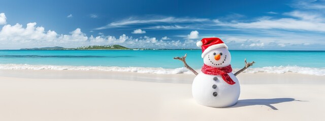 Smiling sandy snowman in red santa hat on the sea beach, x-mas travel design background, Christmas decoration, Happy New Year, holiday,vacation, love of the season, space for text