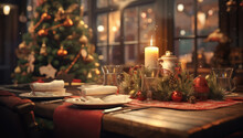 Mesa Decorada Para Cena Navideña En Salón Decorado Con árbol De Navidad Con Gran Ventanal De Fondo