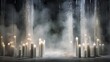  a group of white candles sitting in front of a group of tall white pillars with smoke coming out of them.  generative ai