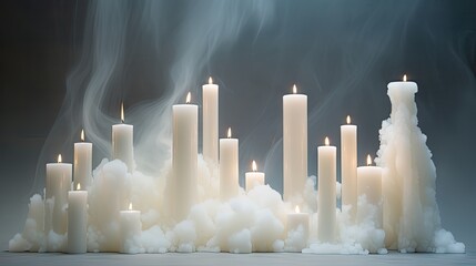 Sticker -  a group of white candles with smoke coming out of the top and bottom of the candles on the bottom of the candles.  generative ai