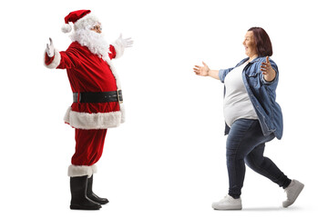 Poster - Full length profile shot of a happy corpulent woman meeting santa claus