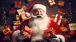 © LeArchitecto - Happy Santa Claus holding Christmas gifts. Postproducted generative AI illustration.