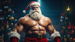 © LeArchitecto - Older strong bodybuilder at Santa Claus costume as super Christmas hero. Postproducted generative AI illustration.