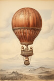 A Stylised Illustration of a Victorian Era Hot Air Balloon Floating in a Sky, in Vintage Sepia Tones and Wood Block Etching Style Print Style