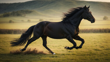 Naklejka na meble An image of a regal and majestic black stallion galloping across an open field - AI Generative