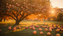 An Image Of A Sprawling Peach Tree In A Warm, Golden Sunset Light -AI Generative
