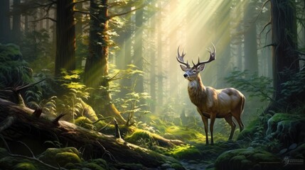 Poster -  a painting of a deer standing in the middle of a forest with sunbeams shining down on the trees.  generative ai