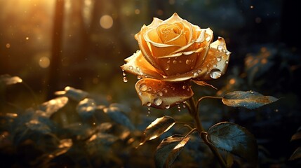 Canvas Print - An enchanting view of a golden rose with dewdrops, set in a magical, fairytale-like garden.