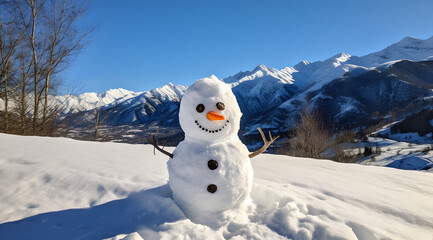 A cheerful snowman with a stunning alpine backdrop on a bright winter day.