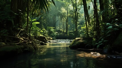 Wall Mural - Professional Photo of a Little River in the Middle of the Woods while the Sun tries to get through in Between the Tall Trees.