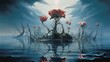 a painting of a floating island with flowers in the middle of the water and clouds in the sky above it.  generative ai