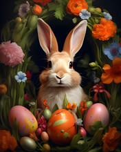 Cute Bunny In Grass And Flowers, Colorful Eggs Decoration, Traditional Easter Greeting Card.