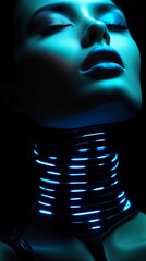 Wall Mural - seductive young female in futuristic neon glowing choker, necklace or collar, beauty cyberpunk concept, in style of sci-fi and fantasy