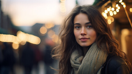 Wall Mural - Generative AI, Beautiful young woman in the Christmas fair, blurred background, winter street market in Europe.