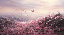  A Painting Of Pink Butterflies Flying In The Air Over A Body Of Water With A Rocky Cliff In The Background.  Generative Ai