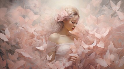 Poster -  a painting of a woman in a white dress with a pink flower in her hair, surrounded by pink butterflies.  generative ai