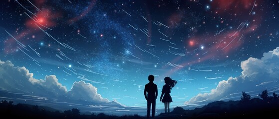 shooting stars in the night sky with anime style