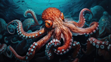 Wall Mural -  a painting of an octopus in a deep blue sea with bubbles and bubbles on the bottom of it's head.  generative ai