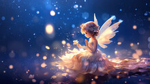 Little Girl Fairy Angel Sitting On Rock With Firefly Light Glow Around Blue Background, Generative Ai