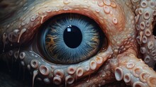  A Close Up Of An Octopus's Eye With Drops Of Water Coming Out Of The Iris Of The Eye.  Generative Ai