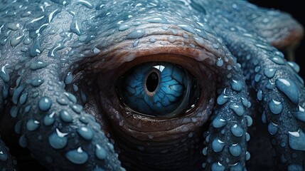 Sticker -  a close up of an octopus's eye with drops of water on it's body and a black background.  generative ai