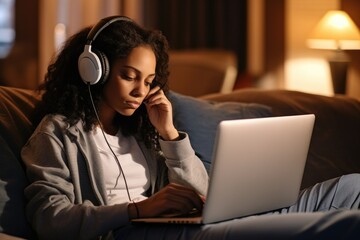 Poster - A woman with headphones on sitting on a couch with a laptop. Generative AI.