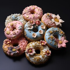 Sticker - A group of donuts with flowers on them. Generative AI.