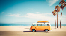A Vintage Camper Van With Surfboard On A Sunny Beach, Framed By Palm Trees, Nostalgic Vibes. Generated AI.
