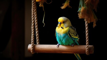 Canvas Print - A yellow and blue parakeet sitting on a wooden perch. Generative AI.