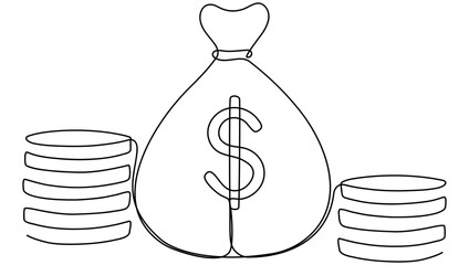 Poster - Money bag with dollar coins stack continuous one line drawing. Business concept. Vector illustration isolated on white.
