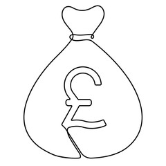 Poster - Money bag with British currency sign continuous one line drawing. Business concept. Vector illustration isolated on white.