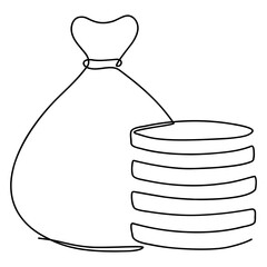 Poster - Money bag with coins stack continuous line drawing. Business symbol concept. Vector illustration isolated on white.