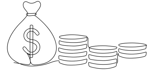 Poster - Money bag with dollar coins stack continuous one line drawing. Business concept. Vector illustration isolated on white.