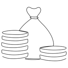 Poster - Money bag with coins stack continuous line drawing. Business symbol concept. Vector illustration isolated on white.