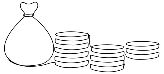 Poster - Money bag with coins stack continuous line drawing. Business symbol concept. Vector illustration isolated on white.