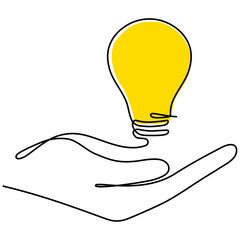 Poster - hand holding lighting lightbulb continuous line drawing. electric yellow linear lamp. brainstorm ide