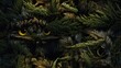  a close up of a bunch of pine needles with yellow eyes and a green leafy tree in the background.  generative ai