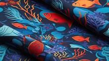  A Close Up Of A Blue And Orange Wallpaper With Fish And Corals On A Dark Background With Blue Water.  Generative Ai