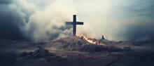 Solitary Cross Amidst Flames. A Lone Wooden Cross Stands In A Desolate Landscape, Surrounded By Smoke And Subtle Flames