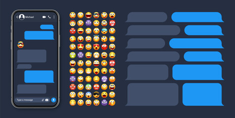 Smartphone messaging app, user interface with emoji. SMS text frame. Chat screen, blue message bubbles. Texting app for communication. Social media application. Dark mode. Vector illustration