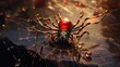  a close up of a spider on a surface with drops of water on it's surface and a red ball in the center of the spider's web.  generative ai
