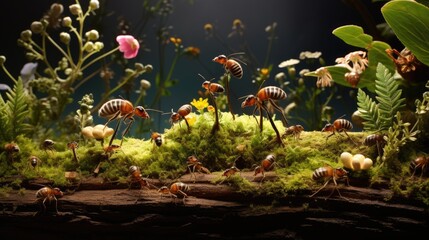 Wall Mural -  a group of ants standing on top of a lush green field next to a forest filled with lots of flowers.  generative ai