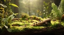  A Group Of Ants Crawling On A Moss Covered Log In A Forest With Sunlight Shining Through The Trees In The Background.  Generative Ai