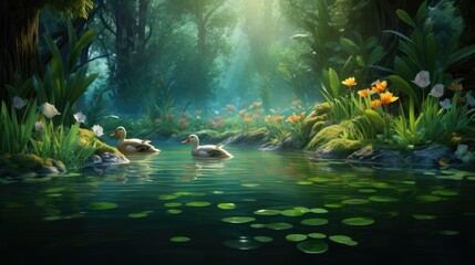  a painting of two ducks swimming in a pond surrounded by green plants and water lilies with yellow flowers in the background.  generative ai